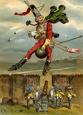Baron Hieronymus von Münchhausen reitet auf einer Kanonenkugel